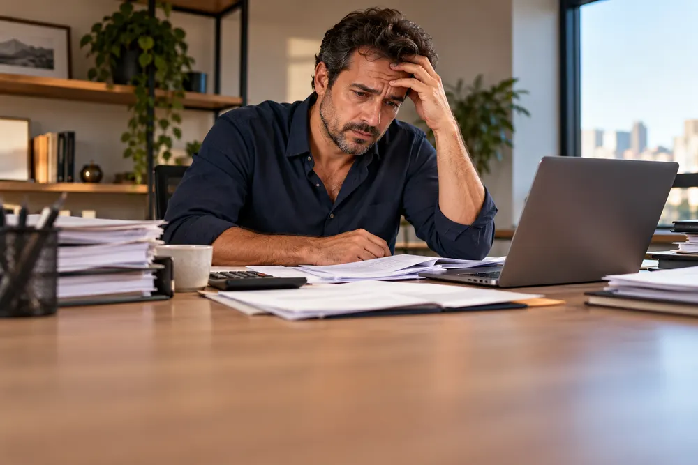 Empresário preocupado e sobrecarregado com problemas na gestão