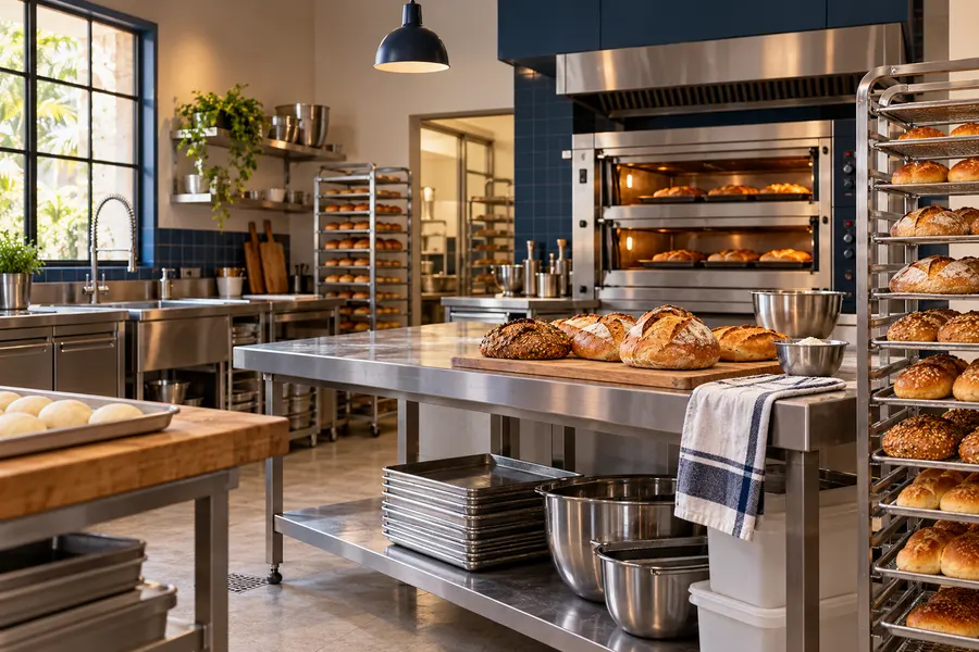 Área de produção de padaria com forno e bancada profissional