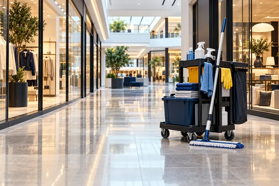 Galeria comercial limpa com equipamentos de limpeza